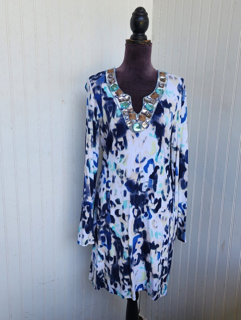 Andrea Behar x Boston Proper Blue Abstract Rayon Beaded Neckline Tunic Dress M